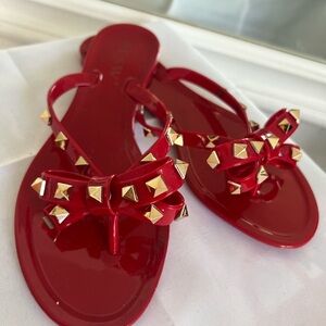 Red and Gold Thong Sandals with Studded Straps